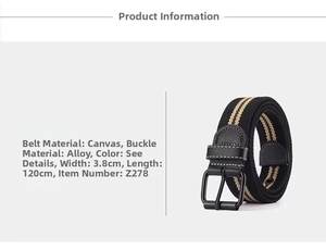 Detail of 3.8cm canvas belt with double brown stripes and black alloy buckle closure