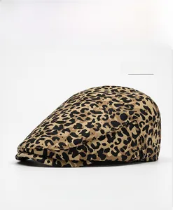 Close-up of leopard print pattern on high-quality khaki cotton fabric of the flat cap