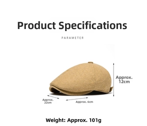 Detail showing dimensions of camel wool newsboy cap including width, brim and height