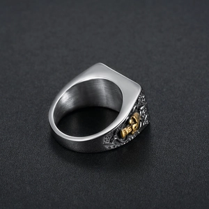 Punk gun shaped silver and gold stainless steel skull signet ring for men