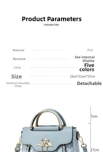 Dettaglio borsa blu in pelle PU con fibbia a cigno e dimensioni di 23x11x17cm
