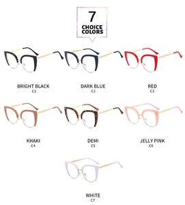 Cat eye semi-rimless glasses shown in seven different colors with clear metal frames