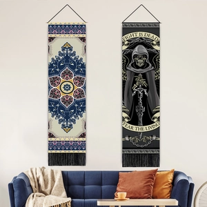 Vertical Hanging Tapestry Cotton Linen Wall Art With Wooden Pole Decorative Tassel Gothic Skull Ethnic Pattern Home Decor