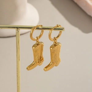 Golden western cowboy boot earrings in stainless steel with detailed floral carvings