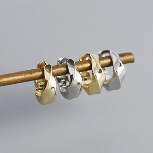Detailed close-up of twisted S925 silver hoop earrings in gold and silver finishes