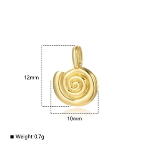 Golden sea shell pendant detail showing 12mm x 10mm size and 0.7g weight