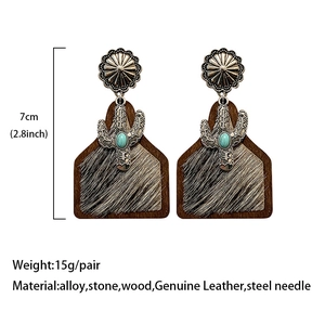 Western bohemian leather and cowhide patchwork earrings with stone and wood detail
