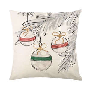 Linen Christmas pillow case with hand-painted ornaments on pine branches on white background