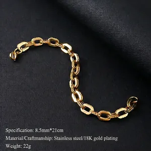 Detail view of 8.5mm wide 18K gold-plated stainless steel chain bracelet link