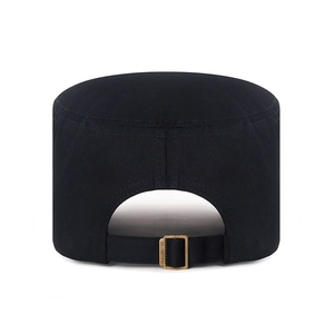 Rear view of black cotton cadet cap with adjustable bronze metal buckle strap