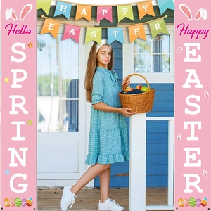 Easter Banner Porch Sign Polyester Spring Garden Outdoor Decoration Cartoon Bunny Egg Door Hanging Decor
