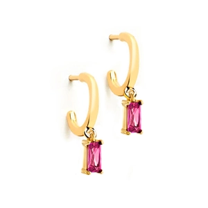 Minimalist S925 needle gold hoop earrings with rectangular pink zircon gemstone drops