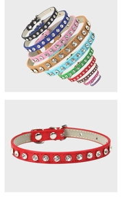 Dettaglio di collari colorati in pelle per animali con strass lucidi e fibbia in metallo