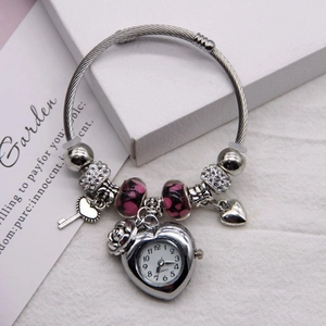 Silver beaded charm bracelet watch with heart dial and rose pendants for women