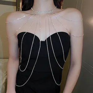 Elegant bridal rhinestone body chain necklace with cascading silver tassel shoulder drape