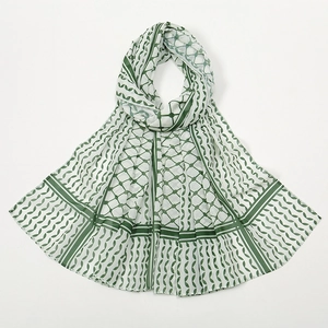 White chiffon headscarf with green keffiyeh geometric patterns and mesh texture