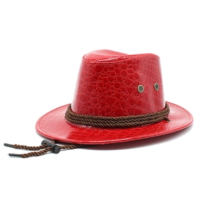 Detail of red faux crocodile leather cowboy hat with ventilation holes and adjustable chin strap