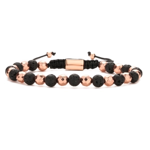 Adjustable black hematite woven bracelet with rose gold zircon tube and lava stone beads