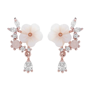 Pink zircon flower earrings with rose gold plating and teardrop crystal drops