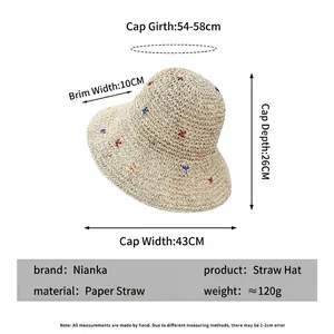 Women's wide brim straw sun hat with colorful star embroidery and 10cm protective brim