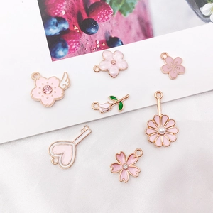 Pink enamel flower and heart key charms with gold plating for jewelry making DIY