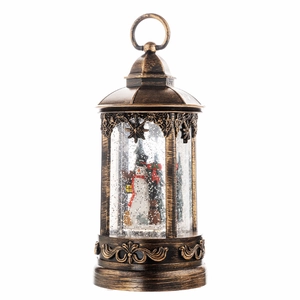 Bronze Christmas snowman lantern snow globe with glitter swirls and hanging ring for decor