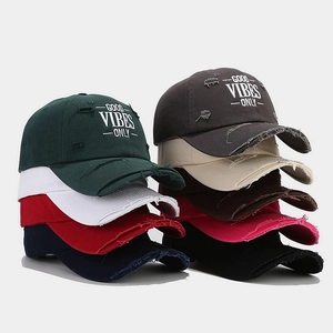 Distressed Baseball Cap Cotton Vintage Ripped Peaked Hat Good Vibes Only Embroidery Adjustable Sun Protection Unisex
