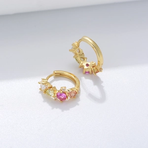Detailed close-up of S925 silver hoop earrings with vibrant colorful cubic zirconia