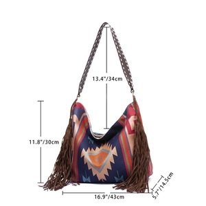 Detailed size chart of Bohemian woven tote bag with geometric patterns and fringe tassels