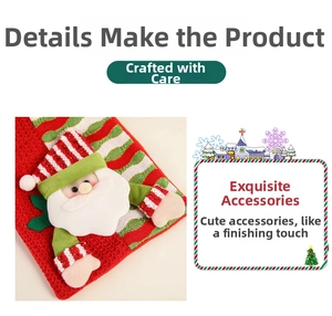 Detail of Christmas gift bag with 3D plush Santa Claus and red knitted honeycomb pattern