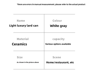 Specifications table for heat-resistant ceramic lard jars in white and gray options