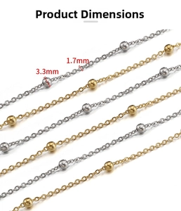 Macro view of golden stainless steel beaded chain showing 3.3mm beads and 1.7mm width