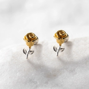 Rose Flower Stud Earrings Two-Tone Gold Silver Plated Copper With 925 Sterling Silver Earring Post French Style Elegant