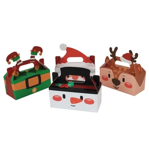 Set of four Christmas cardboard gift boxes with Santa, Elf, Snowman, and Reindeer designs
