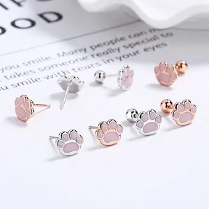 Cute 925 Sterling Silver Cat Paw Stud Earrings Pink Enamel Animal Footprint Ear Bone Stud For Women Minimalist Jewelry