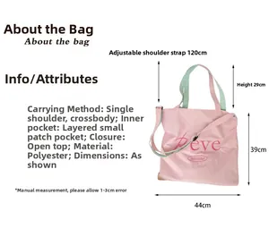 Detailed size chart of pink canvas tote bag with mint green straps and embroidery