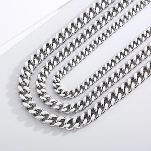 Mens thick silver Cuban link necklace in 8mm to 12mm polished stainless steel chain