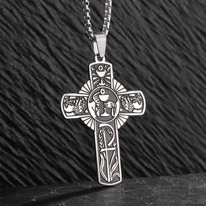 Silver stainless steel religious cross necklace with detailed holy grail engraving