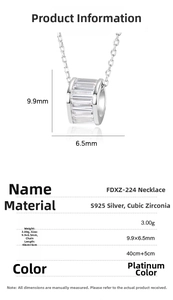 Detailed S925 silver cylinder necklace with rectangle cubic zirconia specs and dimensions