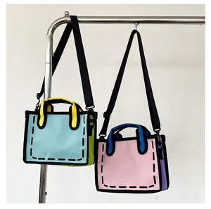Detail of 2D cartoon style canvas tote bags with bold black outlines in blue and pink