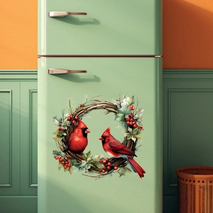 Christmas refrigerator sticker featuring cardinals on a wreath for holiday decoration