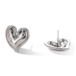 Silver vintage heart stud earrings with textured surface and 925 silver pins for women