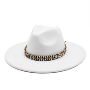 Top view of a white wool jazz hat with an ethnic patterned braided band and flat brim