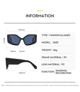 Detailed dimensions of oversized polygon sunglasses with PC frames and blue lenses