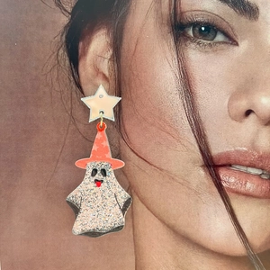 Cute Halloween ghost earrings with orange wizard hat and gold star in sparkling acrylic