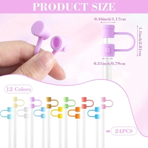 Detailed size chart of silicone straw covers in 12 colors with exact dimensions