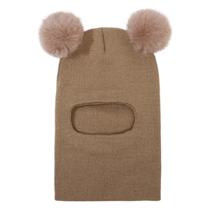 Close-up of khaki knitted baby balaclava with dual fur pom-poms and warm neck cover