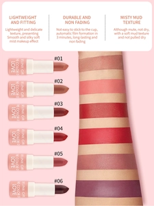 Lip mud set arm swatches showing six matte shades from nude to deep berry colors