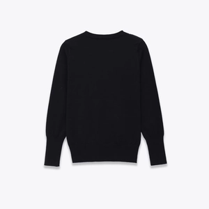 Classic black knit crewneck sweater with ribbed cuffs and hem shown from the back view
