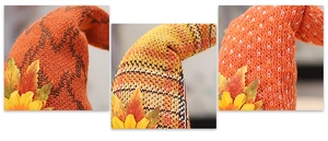 Close-up of autumn gnome textures featuring maple leaf, plaid, and dotted knit patterns